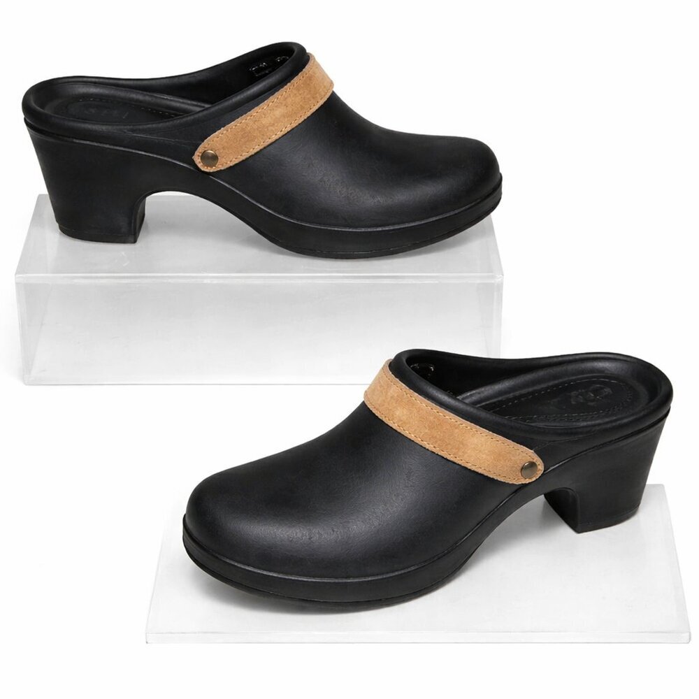 CROCS Sarah Black Tan Strap Dual Comfort Clogs Mules Shoes Size w10